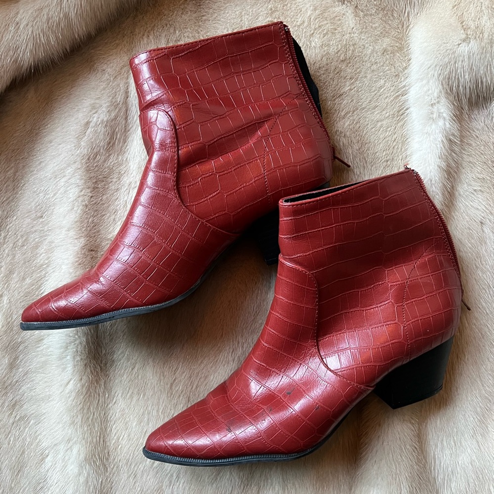 Women's Red Croc-Embossed Ankle Boots